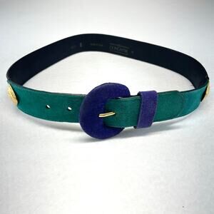 Vintage Doncaster Green Leather Belt Gold Medallion Buckle Suede Accent Medium